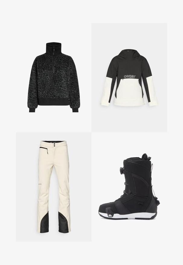 Chaqueta en blanco y negro con capucha, que presenta un cierre medio, bolsillos con cremallera y un logo de "OAKLEY" en el pecho. Textura suave.; Sudadera de forro polar texturizado negro con cuello alto y media cremallera, que presenta puños y dobladillo acanalados para un ajuste ceñido.; Pantalones de esquí para hombre en color crema con un acento negro en el dobladillo. Cuenta con un bolsillo con cremallera, cierre de botón y perneras ajustadas. Material suave y resistente al agua.; DC Shoes LOTUS STEP ON - Botas para la nieve - black
