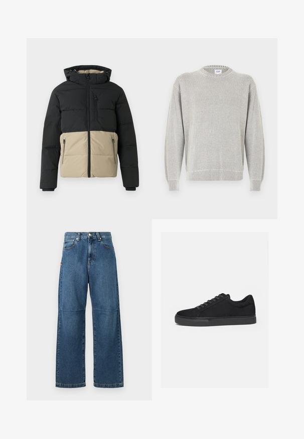 Chaqueta acolchada negra y beige con capucha, cremallera frontal, bolsillo en el pecho con cremallera y dos bolsillos con cremallera para las manos, mostrada sobre un fondo liso.; Suéter de cuello redondo de punto canalé gris claro con mangas largas y etiqueta de GAP en el cuello, mostrado sobre un fondo blanco.; Vaqueros de mezclilla azul con un ajuste relajado, piernas rectas, costura visible y un cierre de botón en la parte delantera. Presenta un bolsillo lateral con un acento.; Zapatilla deportiva negra de corte bajo con cordones delanteros y suela de goma plana, mostrada de lado sobre un fondo blanco.