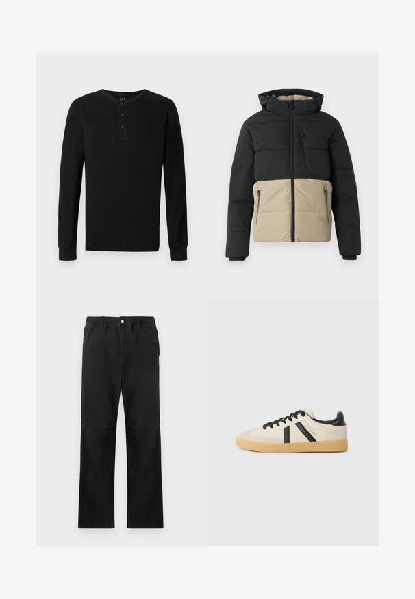 Chaqueta acolchada negra y beige con capucha, cremallera frontal, bolsillo en el pecho con cremallera y dos bolsillos con cremallera para las manos, mostrada sobre un fondo liso.; Camisa henley de manga larga negra con un botón de tres en el cuello, textura suave y puños acanalados, que presenta un corte clásico y un diseño minimalista.; Pantalones negros de algodón con una cintura elástica, que cuentan con un diseño de pierna recta, textura suave y sin acentos ni patrones visibles.; Zapatillas casuales en crema con rayas negras, con parte superior texturizada y suela de goma. Los cordones son negros. Logo sutil en el costado.