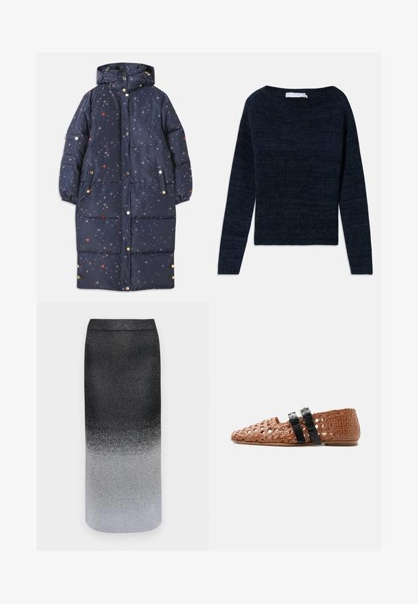 Marineblå polstret frakke med hætte, der har et stjernemønster i orange og grå nuancer. Inkluderer knapper og to sidelommer.; Mørkeblå strikket langærmet sweater med rund hals i en let tekstureret stof og afslappet pasform, lagt fladt på en hvid baggrund.; Metallic nederdel med et ombre-design, der går fra sort øverst til sølv nederst, og som har en glat tekstur og en strømlinet form.; Brun vævet flad sko med to sorte spænder over toppen og lukket tå og hæl.