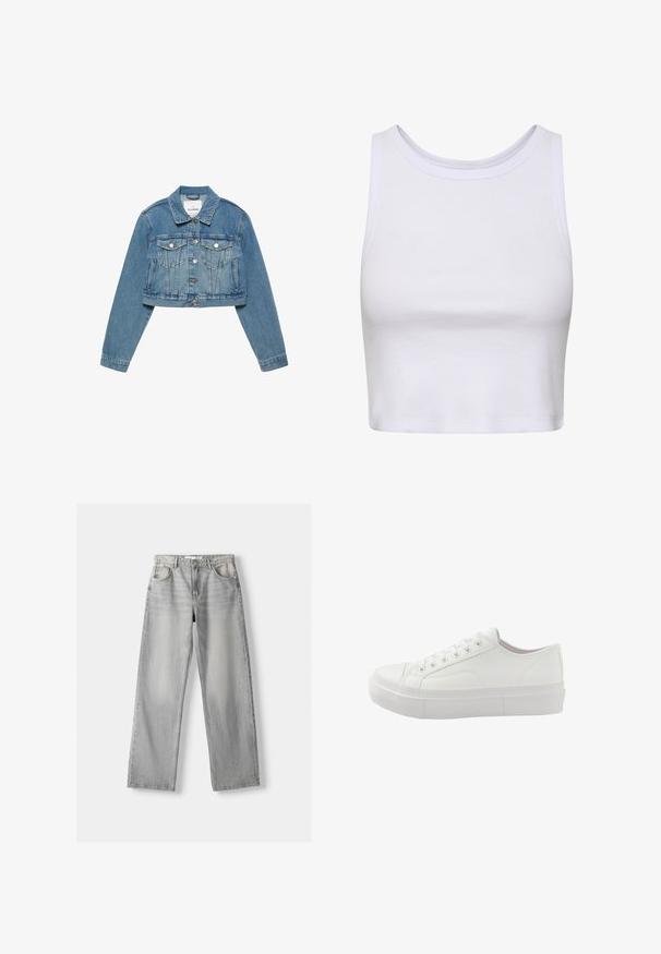 Blaues, kurz geschnittenes Jeansjacke mit Knopfleiste, Brusttaschen mit Klappe und langen Ärmeln, flach auf weißem Hintergrund ausgelegt.; Weißes Crop-Top aus geripptem Stoff, mit rundem Ausschnitt und ärmellosem Design in körperbetonter Silhouette. Keine Muster oder Akzente.; Helle graue Jeans aus Denim mit geradem Bein, ausgestattet mit zwei vorderen Taschen, einem Knopfverschluss und subtilen Abnutzungen für Struktur.; Weißer Sneaker mit niedrigem Schaft und Schnürung vorne, dicker Gummisohle und minimalen Nähten, von der Außenseite gezeigt.