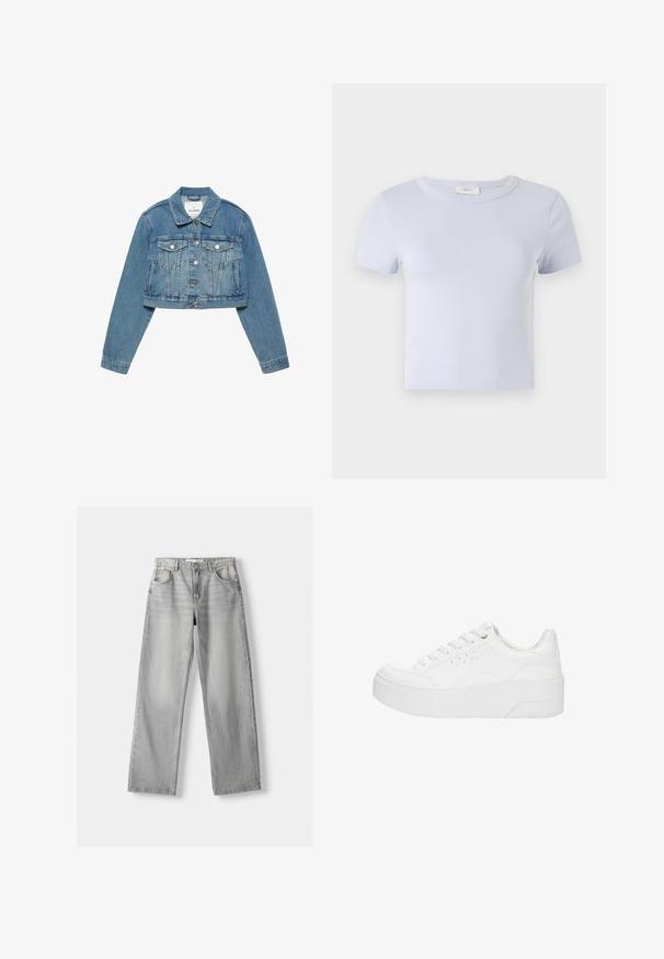 Blå cropped denimjakke med knapper foran, brystlommer med klap og lange ærmer, lagt fladt på hvid baggrund.; Lyseblå kortærmet t-shirt med rund hals, lavet af blødt stof; har en tætsiddende pasform og diskrete syninger.; Lys grå denim jeans med lige pasform, der har to frontlommer, en knappelukning og diskrete slidser for tekstur.; Hvid platform-sneaker med snørelukning foran, perforerede detaljer på siden og tyk sål, vist fra ydersiden på en hvid baggrund.