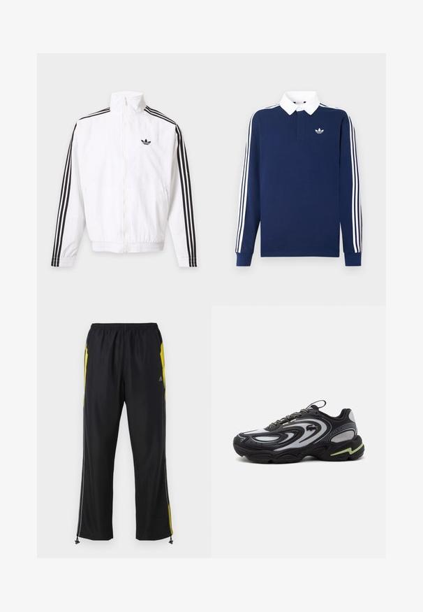 Veste blanche zippée avec des rayures noires le long des manches et un logo Adidas noir sur la poitrine gauche.; Polo manches longues bleu marine, tissu en coton, col blanc, avec trois rayures blanches classiques le long des manches, et un petit logo sur la poitrine.; Pantalons de sport noirs avec des accents jaunes sur les côtés, taille élastique et poches latérales zippées. Fabriqués en tissu léger et lisse.; Baskets Lacoste Storm 2K noires et grises avec motifs ondulés, lacets, et une semelle épaisse avec un accent vert clair.