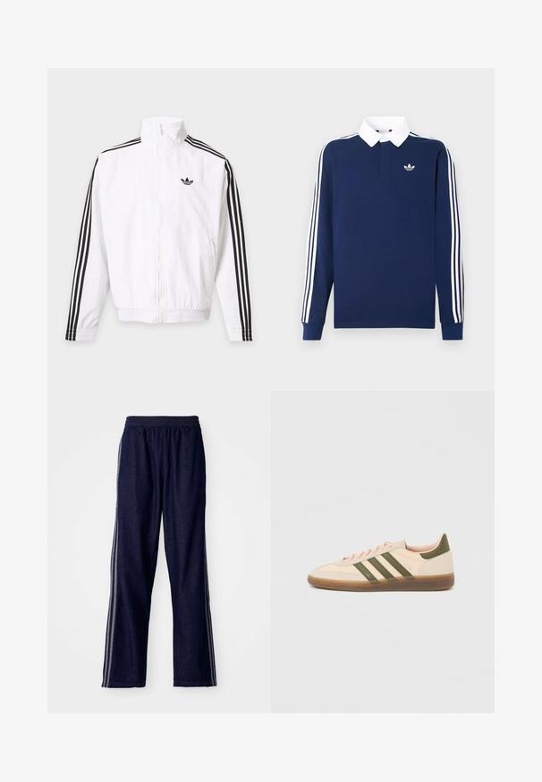 Biela bunda na zips s čiernymi pruhmi na rukávoch a čiernym logom Adidas na ľavej strane hrude.; Tmavomodrá polokošeľa s dlhým rukávom, bavlnená tkanina, biely golier, s klasickými tromi bielymi pruhmi na rukávoch, s malým logom na hrudi.; Námornícke modré športové nohavice s elastickým pásom, s tromi bielymi bočnými pruhmi a rovným strihom. Mäkká denimová textúra.; Nízky béžový tenisky Adidas Spezial so zelenými pruhmi, gumovou podrážkou a nápisom „SPEZIAL“ na boku, zobrazené z vonkajšej strany.