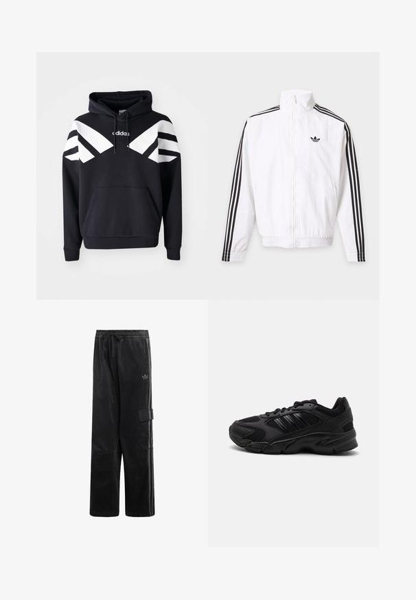 Witte jas met rits, met zwarte strepen op de mouwen en een zwart Adidas-logo op de linkerborst.; Zwarte hoodie met witte diagonale strepen over de borst en mouwen, voorvak en logo op de bovenkant van de borst.; Zwarte corduroy broek met elastische tailleband, trekkoord, zijzak met cargofunctie, subtiel Adidas-logo en tweekleurige zijstrepen.; Zwarte sportieve schoenen met een combinatie van ademend mesh en synthetische materialen. Kenmerkende gestructureerde zool en drie zwarte strepen aan de zijkant.