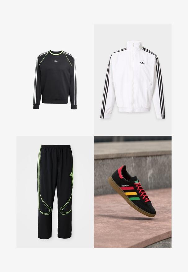 Biela bunda na zips s čiernymi pruhmi na rukávoch a čiernym logom Adidas na ľavej strane hrude.; Čierna mikina s bielym trojpruhovým dizajnom na rukávoch a limetkovými akcentmi. Má okrúhly výstrih a malú nášivku na hrudi.; Čierne atletické nohavice Adidas s neonovo zelenými zakrivenými líniami a tromi pruhmi po stranách, elastickým pásom a logom Adidas na prednom stehne.; Čierna teniska Adidas Spezial s červenými, žltými a zelenými pruhmi, červenými šnúrkami, gumovou podrážkou a červeným detailom na päte, zobrazená ako vznášajúca sa nad chodníkom.