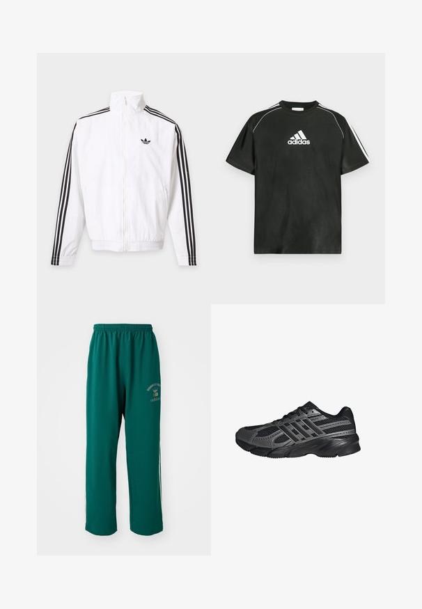 Biela bunda na zips s čiernymi pruhmi na rukávoch a čiernym logom Adidas na ľavej strane hrude.; Čierne tričko s krátkym rukávom s bielym logom Adidas na hrudi a bielymi pruhmi na ramenách. Vyrobené z hladkej tkaniny, voľný strih.; Zelené športové nohavice vyrobené z hladkej tkaniny, s elastickým pásom, potlačou loga na jednej strane a bielymi postrannými pruhmi. Štandardný strih.; Čierne športové topánky vyrobené z pletiva a syntetických materiálov, s textúrovaným povrchom, viacerými šedými pruhmi a polstrovaným golierom.