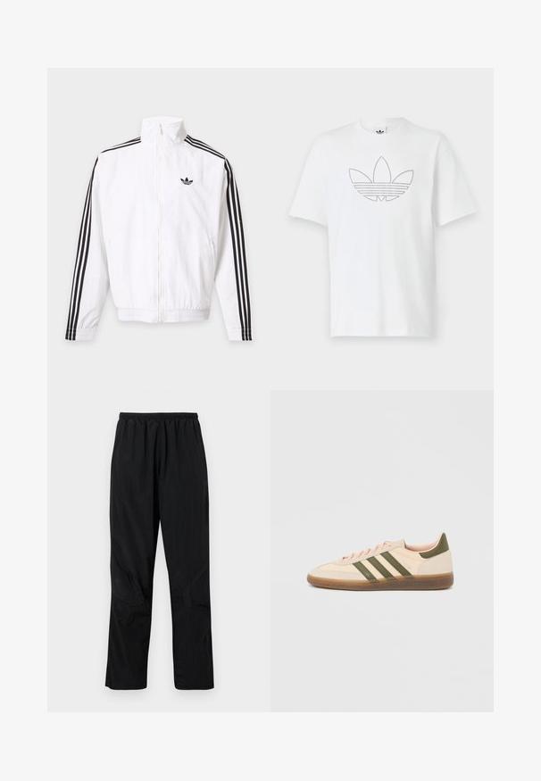 Biela bunda na zips s čiernymi pruhmi na rukávoch a čiernym logom Adidas na ľavej strane hrude.; Biely bavlnený tričko s bodkovaným čiernym obrysom loga trefoil na prednej strane. Krátke rukávy a okrúhly výstrih.; Čierne nylonové nohavice s elastickým pásom, s ľahkým textúrovaným povrchom a akcentmi na švoch pre moderný dizajn.; Nízky béžový tenisky Adidas Spezial so zelenými pruhmi, gumovou podrážkou a nápisom „SPEZIAL“ na boku, zobrazené z vonkajšej strany.