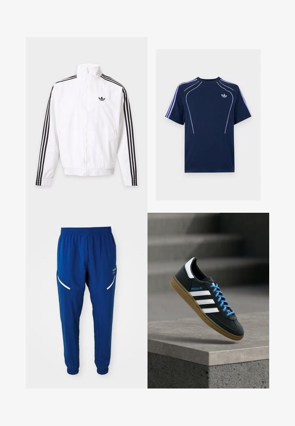 Witte jas met rits, met zwarte strepen op de mouwen en een zwart Adidas-logo op de linkerborst.; Marineblauw T-shirt met korte mouwen met lichtpaarse strepen op de mouwen, witte gebogen bies aan de voorkant en klein wit Adidas-logo op de linkerborst.; Koninklijk blauwe sportbroeken met elastische tailleband en boorden, witte gebogen reflecterende strepen op de dijen en een klein wit logo aan de rechterkant.; Zwarte Adidas-sneaker met witte strepen, blauwe veters en een gumzool die boven een grijze betonnen trede zweeft in zacht licht.