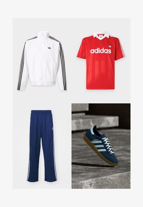Valge lukuga jakk, mille varrukatel on mustad triibud ja must Adidas logo vasakul rinnal.; Punane Adidas spordisärk valge krae, kolme valge triibuga varrukatel ja Adidas logo rinnal keskel.; Tumed sinised spordipüksid lõdva lõikega, valgete külgtriipudega ja elastse vöökoha ning sileda kangaga, ilma nähtavate mustrite või lisadega.; Sinine Adidas Spezial tennisk, valgete triipude ja paeltega, kummist tallaga, hõljub kareda betoonpinna ja sammude kohal taustal.
