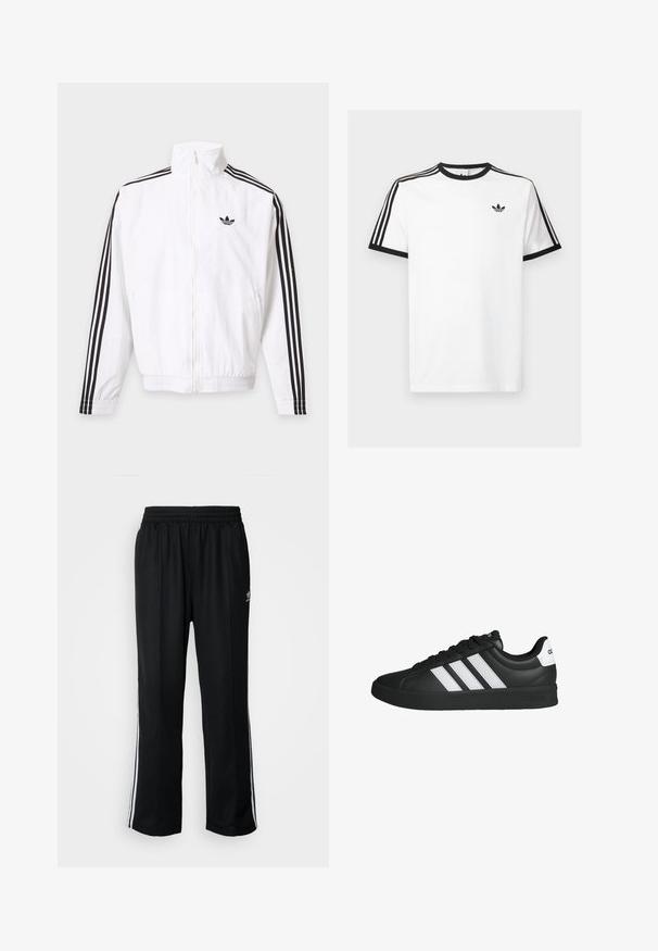 Weisse Jacke mit Reißverschluss, schwarze Streifen an den Ärmeln und schwarzes Adidas-Logo auf der linken Brust.; Weißes Baumwoll-T-Shirt mit schwarzem Rippenkragen und Ärmeln, mit drei schwarzen Streifen auf jeder Schulter und einem kleinen Logo auf der Brust.; Schwarze Sporthosen mit elastischem Bund, ausgestattet mit weißen Seitenstreifen und einem kleinen Logo. Das Material wirkt weich und leicht.; Schwarzer Adidas-Sneaker mit weißen Streifen, schwarzer Sohle, Schnürdesign und weißer Fersenschlaufe mit Adidas-Logo, seitlich dargestellt.