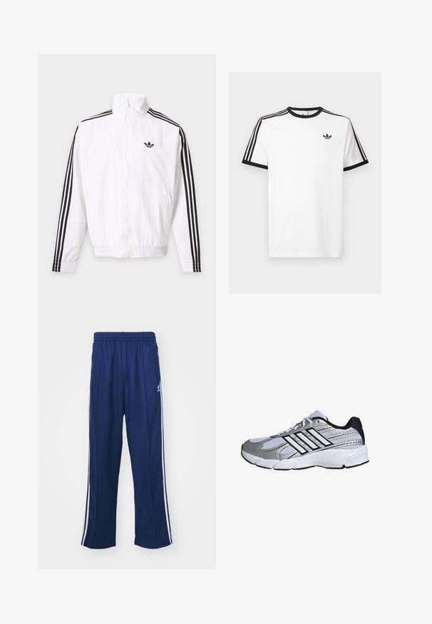 Weisse Jacke mit Reißverschluss, schwarze Streifen an den Ärmeln und schwarzes Adidas-Logo auf der linken Brust.; Weißes Baumwoll-T-Shirt mit schwarzem Rippenkragen und Ärmeln, mit drei schwarzen Streifen auf jeder Schulter und einem kleinen Logo auf der Brust.; Marineblaue Sporthosen mit einem lockeren Schnitt, ausgestattet mit weißen seitlichen Streifen und einem elastischen Bund. Glattes Material, keine sichtbaren Muster oder Beschläge.; Mesh-Sportschuh in Weiß und Silber mit schwarzen Akzenten, drei weißen Streifen als Logo, gepolstertem Kragen und strukturiertem Gummisohle.