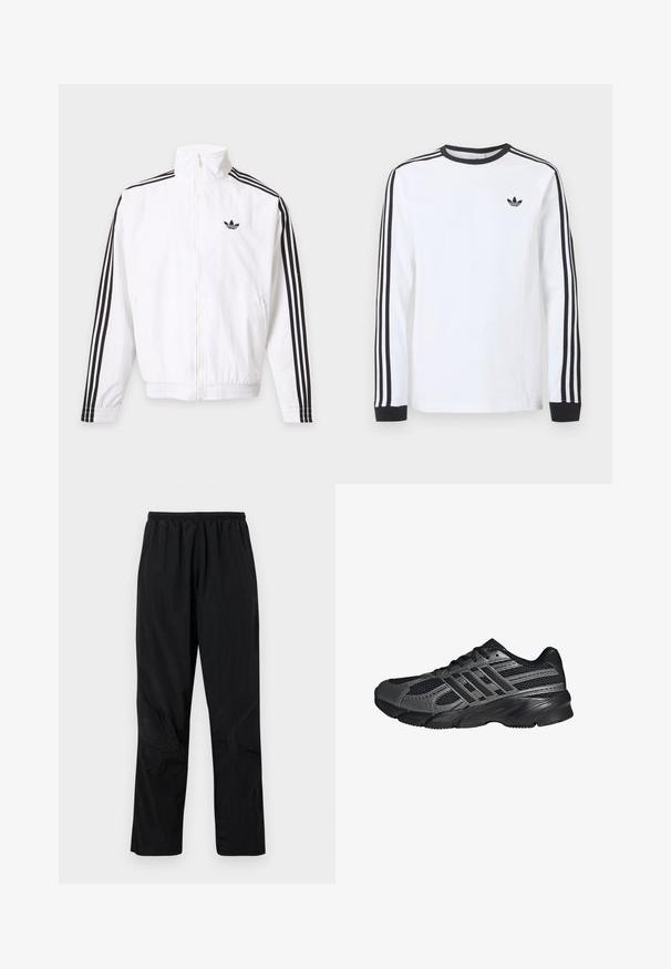 Biela bunda na zips s čiernymi pruhmi na rukávoch a čiernym logom Adidas na ľavej strane hrude.; Biele tričko Adidas s dlhým rukávom, čiernym okrúhlym výstrihom, čiernymi manžetami, tromi čiernymi pruhmi na rukávoch a čiernym logom trefoil na hrudi.; Čierne nylonové nohavice s elastickým pásom, s ľahkým textúrovaným povrchom a akcentmi na švoch pre moderný dizajn.; Čierne športové topánky vyrobené z pletiva a syntetických materiálov, s textúrovaným povrchom, viacerými šedými pruhmi a polstrovaným golierom.