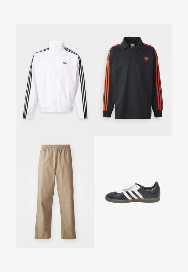 Biela bunda na zips s čiernymi pruhmi na rukávoch a čiernym logom Adidas na ľavej strane hrude.; Čierny polo s dlhým rukávom a golierom, s červenými pruhmi na rukávoch a malým červeným logom na hrudi. Hladká textúra látky.; Béžové ľahké nohavice s elastickým pásom, rovnými nohavicami a bočnými vreckami. Hladká textúra s jemnými švami.; adidas Originals SAMBA LT - Tenisky - core black footwear white gum