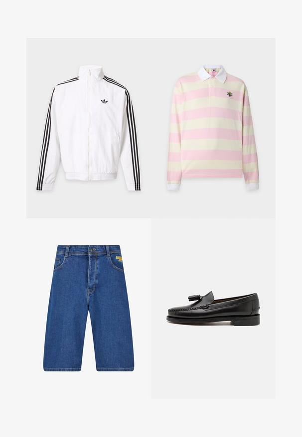 Witte jas met rits, met zwarte strepen op de mouwen en een zwart Adidas-logo op de linkerborst.; Poloshirt met lange mouwen met brede horizontale roze en crèmestrepen, witte kraag en manchetten en een klein kleurrijk geborduurd logo op de borst.; Donkerblauwe denim short met een relaxed fit, voorzien van een standaard vijf-pocket ontwerp, gele logo-detail en contrasterende stiksels.; Zwarte leren instappers met moccasinstiksels, een ronde neus en een kwastaccent. Platte hak met een gladde textuur, ontworpen voor casual gebruik.