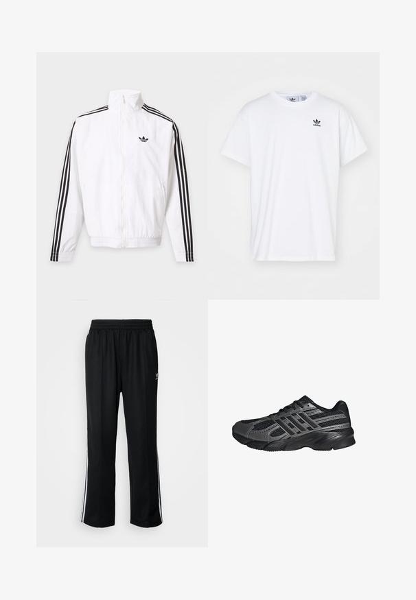 Hvid lynlåsjakke med sorte striber ned ad ærmerne og et sort Adidas-logo på venstre bryst.; Hvid bomulds T-shirt med korte ærmer, rund halsudskæring og et sort Adidas-logo med tre striber på venstre brystområde.; Sorte træningsbukser med elastisk talje, der har hvide sidestænger og et lille logo. Materialet ser blødt og let ud.; Sorte træningssko lavet af mesh og syntetiske materialer, med en tekstureret overflade, flere grå striber og en polstret krave.