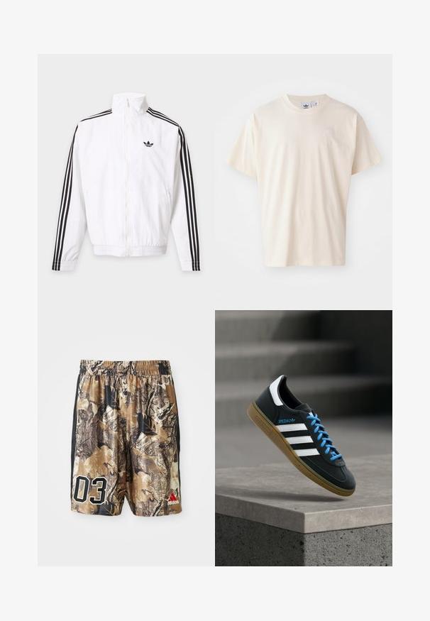 Biela bunda na zips s čiernymi pruhmi na rukávoch a čiernym logom Adidas na ľavej strane hrude.; Krémové bavlnené tričko s okrúhlym výstrihom a krátkymi rukávmi; má malé, svetlého odtieňa logo na hrudi.; Maskáčové kraťasy s elastickým pásom, so zmesou hnedých a čiernych farieb, veľkým "03" v bielej farbe a logom Adidas v červenej farbe.; Čierna teniska Adidas s bielymi pruhmi, modrými šnúrkami a gumovou podrážkou, ktorá sa vznáša nad sivým betónovým schodom v mäkkom svetle.