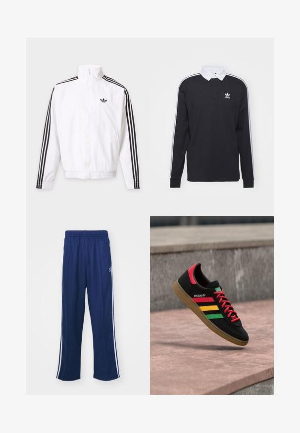 Witte jas met rits, met zwarte strepen op de mouwen en een zwart Adidas-logo op de linkerborst.; Zwarte longsleeve polo met witte kraag en drie witte strepen langs de mouwen; voorzien van een geborduurd Adidas-logo op de borst.; Marineblauwe sportbroek met een ontspannen pasvorm, voorzien van witte zijstrepen en een elastische tailleband. Soepele stof, geen zichtbare patronen of hardware.; Zwarte Adidas Spezial sneaker met rode, gele en groene strepen, rode veters, gumzool en een rode hieldetail, zwevend boven het trottoir.