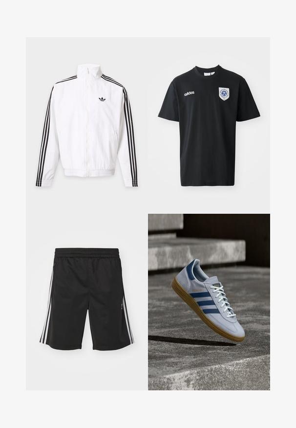 Hvid lynlåsjakke med sorte striber ned ad ærmerne og et sort Adidas-logo på venstre bryst.; Sort kortærmet t-shirt lavet af bomuld, med rund hals. Indeholder hvidt Adidas-logo og et mærke med et blåt emblem på venstre bryst.; Sorte sportsshorts med elastisk talje, med hvide sidestriber og en glat stofstruktur. Ingen yderligere dekorationer.; Lyseblå Adidas Spezial sneakers med marineblå striber og gummisål, vist i luften over betontrapper i et neutralt udendørsmiljø.