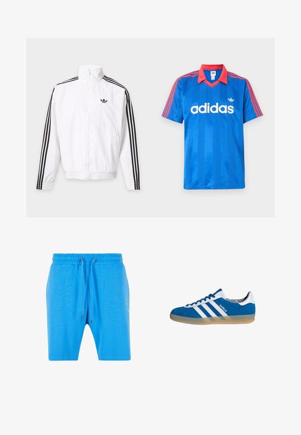 Chaqueta blanca con cremallera, con rayas negras en las mangas y un logo negro de Adidas en el pecho izquierdo.; Camiseta deportiva azul de Adidas de manga corta con cuello rojo y rayas en los hombros, que presenta el logo blanco de Adidas y el emblema de trébol en el pecho.; Pantalones cortos de algodón azul con una cinturilla elástica, cierre de cordón y un sutil detalle gráfico en el lado. Textura suave y corte holgado.; Zapatilla Adidas Gazelle azul y blanca con suela de goma y tres franjas blancas, vista desde un lado sobre un fondo blanco.