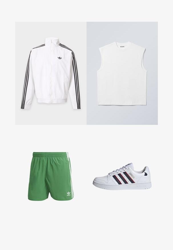 Valge lukuga jakk, mille varrukatel on mustad triibud ja must Adidas logo vasakul rinnal.; Valge puuvillane, varrukateta, ümmarguse kaelusega särk, millel on struktureeritud õlad ja mis kannab kaelal sildil brändi "WEEKDAY", kujutatud heledal hallil taustal.; Roheline sportlik lühikesed püksid, mis on valmistatud kergetest materjalidest, valgete küljeribade ja Adidas logo diivani vasakus ääres. Elastne vöökoht.; adidas Originals Tossud - white