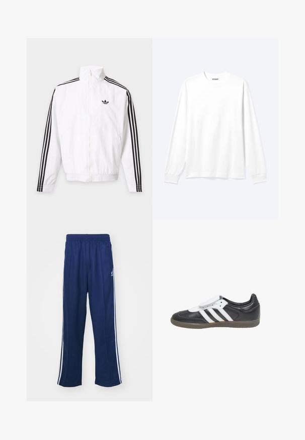 Valge lukuga jakk, mille varrukatel on mustad triibud ja must Adidas logo vasakul rinnal.; Pikema varrukaga tavaline valge särk ümara kaelusega ja soonikkoes mansettidega, kuvatud neutraalsel heledal taustal.; Tumed sinised spordipüksid lõdva lõikega, valgete külgtriipudega ja elastse vöökoha ning sileda kangaga, ilma nähtavate mustrite või lisadega.; adidas Originals SAMBA LT - Tossud - core black footwear white gum