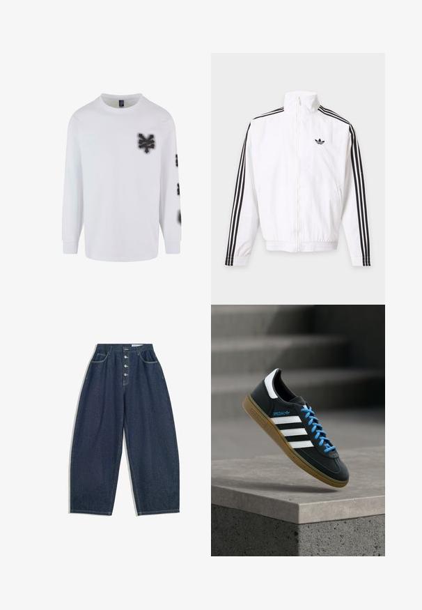 Weisse Jacke mit Reißverschluss, schwarze Streifen an den Ärmeln und schwarzes Adidas-Logo auf der linken Brust.; Langärmliges weißes T-Shirt aus Baumwolle, mit Grafiken im Graffiti-Stil in Schwarz auf der linken Brust und am Ärmel. Klassisches Rundhalsausschnitt-Design.; Dunkelblaue Denim-Hose mit weiter Beinform und hoher Taille, fünfknöpfigem Verschluss und fünf Taschen. Mit Steppnähten an den Nähten.; Schwarzer Adidas-Sneaker mit weißen Streifen, blauen Schnürsenkeln und Gummisohle, der über einer grauen Betontreppe im weichen Licht schwebt.
