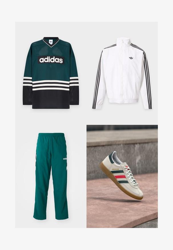 Chaqueta blanca con cremallera, con rayas negras en las mangas y un logo negro de Adidas en el pecho izquierdo.; Camiseta Adidas verde y negra con cuello en V, mangas largas, textura de malla y un audaz logo blanco en el pecho con detalles a rayas.; Pantalones deportivos verdes hechos de tela ligera, con una cinturilla elástica, bolsillos laterales y el logo blanco de Adidas en el lado izquierdo.; Zapatilla blanca Adidas con franjas verdes y rojas, suela de goma y marca "SPEZIAL" flotando sobre pavimento de piedra.