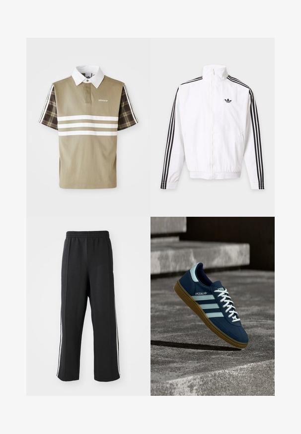 Biela bunda na zips s čiernymi pruhmi na rukávoch a čiernym logom Adidas na ľavej strane hrude.; Polo tričko v olivovej zelenej farbe s bielymi pruhmi a károvaným vzorom na krátkych rukávoch. Obsahuje biely golier a logo na hrudi.; Čierne teplákové nohavice s elastickým pásom, s bielymi bočnými pruhmi a voľným strihom. Vyrobené z mäkkej, elastickej tkaniny.; Modré tenisky Adidas Spezial s bielymi pruhmi a šnúrkami, gumovou podrážkou, plávajúce nad drsným betónovým povrchom a schodmi v pozadí.