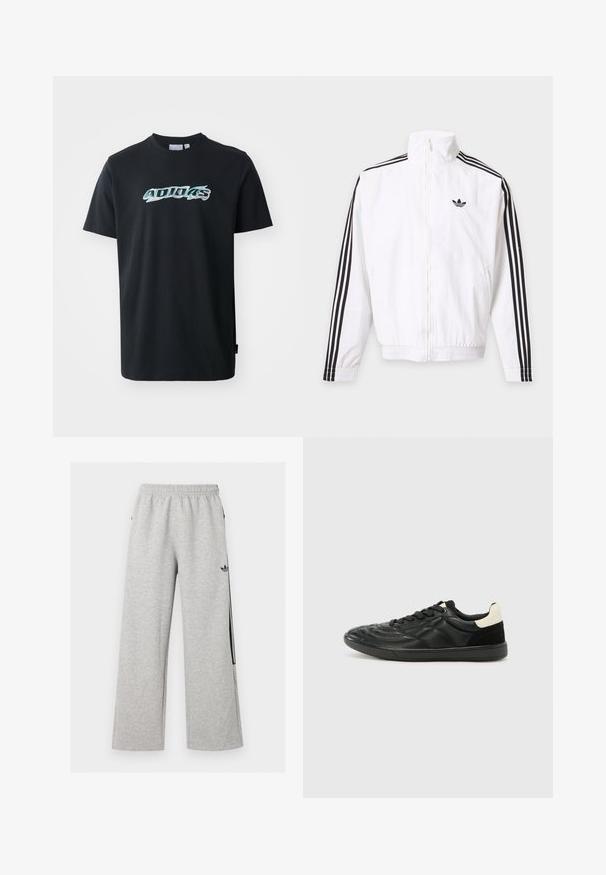Biela bunda na zips s čiernymi pruhmi na rukávoch a čiernym logom Adidas na ľavej strane hrude.; Čierne bavlnené tričko s krátkymi rukávmi, na prednej strane s lesklým, viacfarebným logom "ADIDAS". Klasický dizajn s okrúhlym výstrihom.; Svetlošedé široké tepláky s elastickým pásom a čiernym logom Adidas trefoil na pravom stehne.; ALDO THEPITCH - Tenisky - black