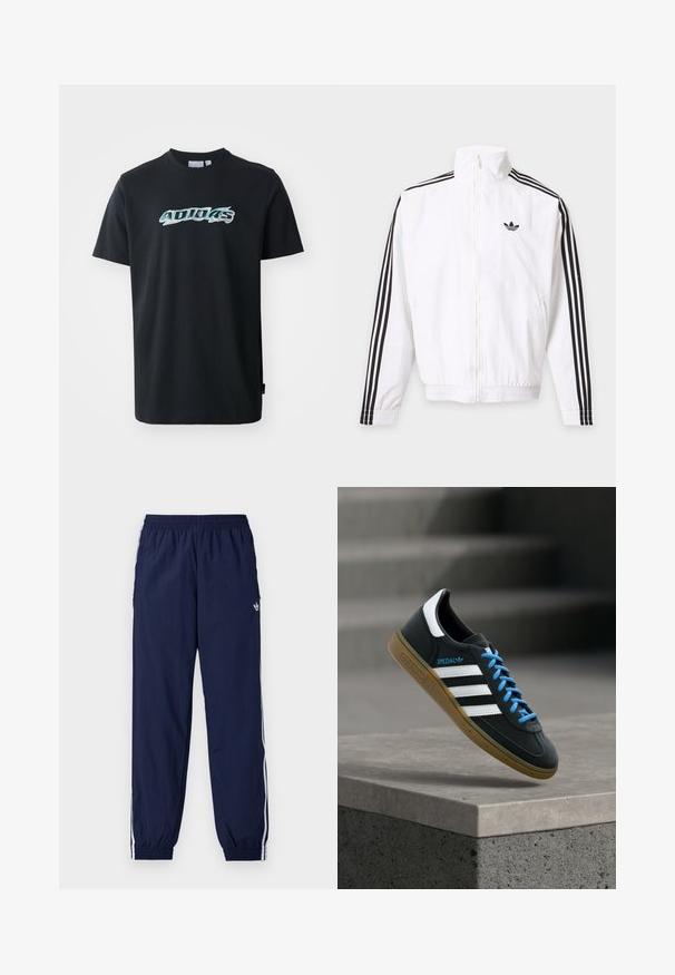 Valge lukuga jakk, mille varrukatel on mustad triibud ja must Adidas logo vasakul rinnal.; Mustad puuvillane T-särk lühikeste varrukatega, millel on esiküljel läikiv, mitmevärviline "ADIDAS" logo. Klassikaline ümmargune kaelus.; Tumesinised dressipüksid, mis on valmistatud kergest kangast, valgete triipudega külgedel, elastse vöökohaga ja väikse logoga.; Must Adidas toss valgete triibu, siniste paelte ja kummist tallaga, hõljuv pehme valgusega halli betoonastme kohal.