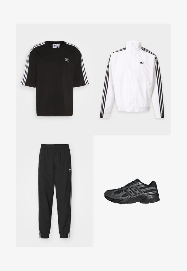 Biela bunda na zips s čiernymi pruhmi na rukávoch a čiernym logom Adidas na ľavej strane hrude.; Čierne tričko s krátkymi rukávmi vyrobené z bavlny, s bielymi trojpruhovými detailmi na ramenách a vyšitou logom Adidas na hrudi.; Čierne športové nohavice s elastickým pásom a manžetami, s bielymi bočnými pruhmi a malým bielym logom Adidas na ľavom boku.; Čierne športové topánky vyrobené z pletiva a syntetických materiálov, s textúrovaným povrchom, viacerými šedými pruhmi a polstrovaným golierom.