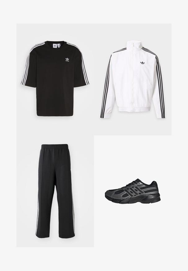 Biela bunda na zips s čiernymi pruhmi na rukávoch a čiernym logom Adidas na ľavej strane hrude.; Čierne tričko s krátkymi rukávmi vyrobené z bavlny, s bielymi trojpruhovými detailmi na ramenách a vyšitou logom Adidas na hrudi.; Čierne teplákové nohavice s elastickým pásom, s bielymi bočnými pruhmi a voľným strihom. Vyrobené z mäkkej, elastickej tkaniny.; Čierne športové topánky vyrobené z pletiva a syntetických materiálov, s textúrovaným povrchom, viacerými šedými pruhmi a polstrovaným golierom.