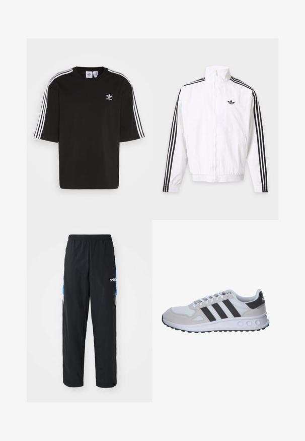 Biela bunda na zips s čiernymi pruhmi na rukávoch a čiernym logom Adidas na ľavej strane hrude.; Čierne tričko s krátkymi rukávmi vyrobené z bavlny, s bielymi trojpruhovými detailmi na ramenách a vyšitou logom Adidas na hrudi.; Čierne športové nohavice s elastickým pásom, s modro-bielymi grafickými akcentmi po stranách a vyšitým logom.; Sivé a biele športové tenisky s priedušným vrchom, zamšovými akcentmi, tromi čiernymi pásmi a textúrovanou gumovou podrážkou s kruhovými výrezmi.