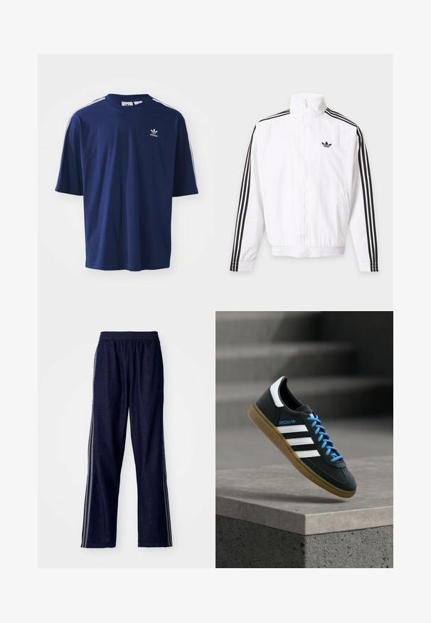 Witte jas met rits, met zwarte strepen op de mouwen en een zwart Adidas-logo op de linkerborst.; Navy blauwe katoenen T-shirt met korte mouwen, ronde hals, drie witte strepen op de schouders en een klein wit logo op de borst.; Marineblauwe sportbroek met een elastische tailleband, voorzien van drie witte zijstrepen en een recht-aansluitend ontwerp. Zachte denim structuur.; Zwarte Adidas-sneaker met witte strepen, blauwe veters en een gumzool die boven een grijze betonnen trede zweeft in zacht licht.