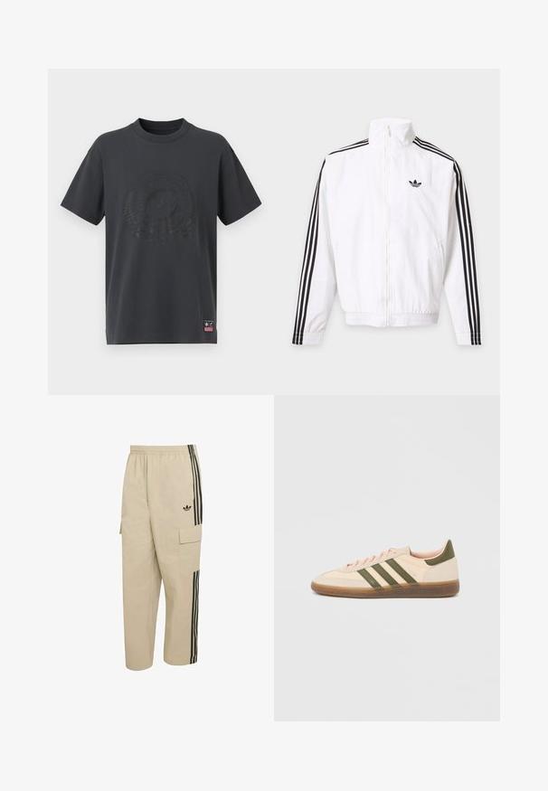 Weisse Jacke mit Reißverschluss, schwarze Streifen an den Ärmeln und schwarzes Adidas-Logo auf der linken Brust.; Dunkelgraues Baumwoll-T-Shirt mit Rundhalsausschnitt, kurzen Ärmeln und einem tonal geprägten Logo sowie dekorativen Elementen auf der Vorderseite. Kleines pinkes Etikett am Saum.; Beige Cargohose mit elastischem Bund, seitlichen Taschen und schwarzen vertikalen Streifen. Mit einem Adidas-Logo auf der Vorderseite.; Flacher, beigefarbener Adidas Spezial Sneaker mit grünen Streifen, Gummisohle und "SPEZIAL" Schriftzug an der Seite, von der Außenseite gezeigt.