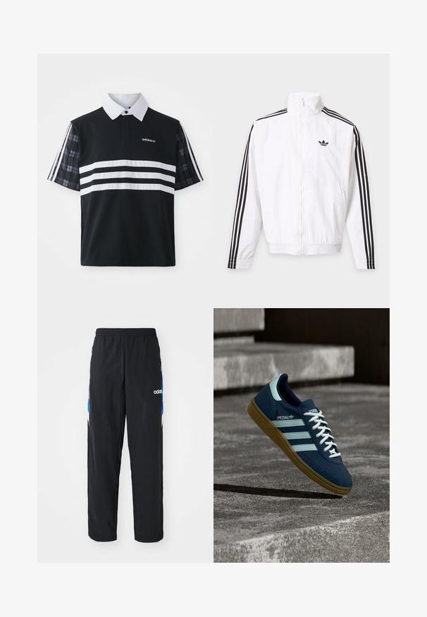 Chaqueta blanca con cremallera, con rayas negras en las mangas y un logo negro de Adidas en el pecho izquierdo.; Camisa polo negra con rayas blancas y un logotipo; cuenta con mangas cortas de cuadros y un cuello blanco con una hilera de botones.; Pantalones deportivos negros con cintura elástica, que presentan acentos gráficos en azul y blanco en los laterales, y un logo bordado.; Zapatilla azul Adidas Spezial con rayas y cordones blancos, suela de goma, flotando sobre una superficie de hormigón rugosa y escaleras de fondo.