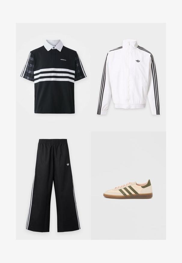 Biela bunda na zips s čiernymi pruhmi na rukávoch a čiernym logom Adidas na ľavej strane hrude.; Čierna polo košeľa s bielymi prúžkami a logom; má krátke kárované rukávy a biely golier s gombíkovou légou.; Čierne široké tréningové nohavice s elastickým pásom, bielymi bočnými pruhmi a malým logom Adidas trefoil na pravom boku.; Nízky béžový tenisky Adidas Spezial so zelenými pruhmi, gumovou podrážkou a nápisom „SPEZIAL“ na boku, zobrazené z vonkajšej strany.
