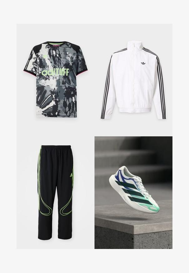 Biela bunda na zips s čiernymi pruhmi na rukávoch a čiernym logom Adidas na ľavej strane hrude.; Tričko s krátkym rukávom a okrúhlym výstrihom so športovým strihom, s čiernym, bielym a šedým abstraktným potlačou; obsahuje neónovo zelené logo "adiTUFF" a ružové akcenty.; Čierne atletické nohavice Adidas s neonovo zelenými zakrivenými líniami a tromi pruhmi po stranách, elastickým pásom a logom Adidas na prednom stehne.; Biela teniska s čiernymi, modrými a zelenými akcentmi vznášajúca sa nad betónovým okrajom na rozmazanom sivom pozadí.