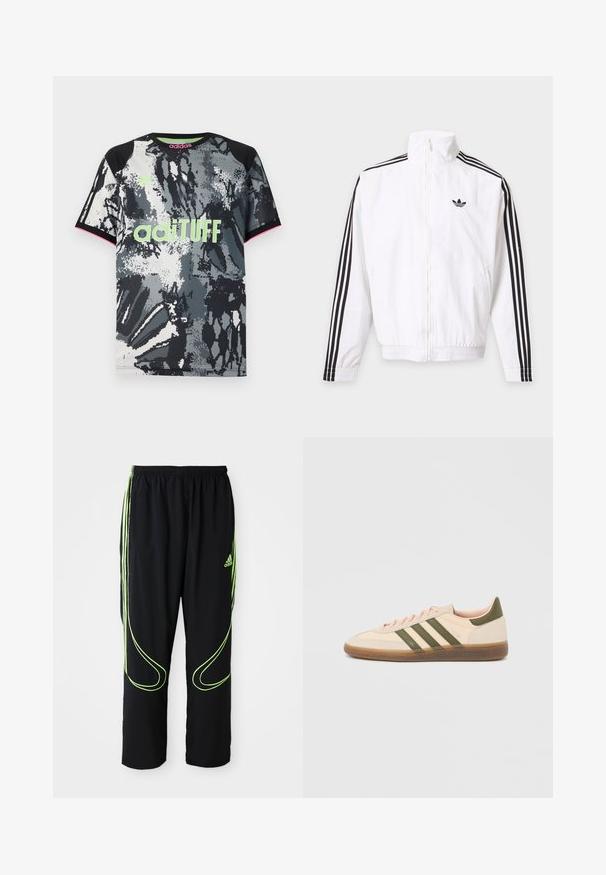 Chaqueta blanca con cremallera, con rayas negras en las mangas y un logo negro de Adidas en el pecho izquierdo.; Camiseta deportiva de manga corta y cuello redondo con un estampado abstracto en negro, blanco y gris; presenta un logo "adiTUFF" en verde neón y acentos en rosa.; Pantalones deportivos Adidas negros con líneas curvas en verde neón y tres franjas en los laterales, cinturilla elástica y logo de Adidas en el muslo delantero.; Zapatilla Adidas Spezial beige de perfil bajo con rayas verdes, suela de goma y la marca "SPEZIAL" en el lateral, vista desde el lado exterior.