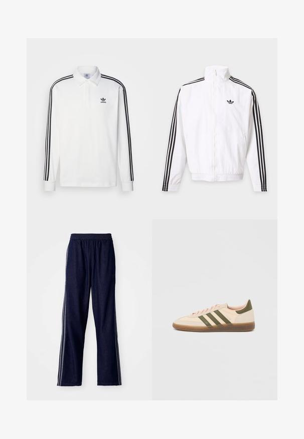 Veste blanche zippée avec des rayures noires le long des manches et un logo Adidas noir sur la poitrine gauche.; Polo shirt blanc à manches longues avec un col classique, des accents noirs à trois rayures le long des manches, et un petit logo noir sur la poitrine.; Pantalon de sport bleu marine avec une taille élastique, comportant trois bandes latérales blanches et une coupe droite. Texture en denim doux.; Baskets beige discrètes Adidas Spezial avec des bandes vertes, une semelle en caoutchouc et le logo "SPEZIAL" sur le côté, vues de l'extérieur.