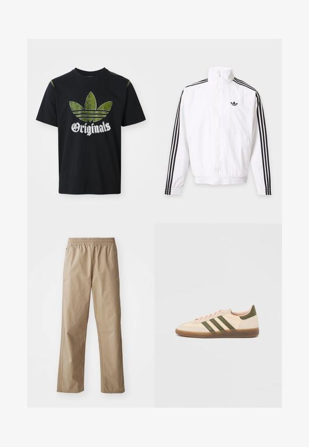 Biela bunda na zips s čiernymi pruhmi na rukávoch a čiernym logom Adidas na ľavej strane hrude.; Čierne bavlnené tričko s roztrhnutým zeleným grafickým dizajnom so tromi pruhmi a slovom "Originals" pod ním v bielej farbe, okrúhly výstrih, krátke rukávy.; Béžové ľahké nohavice s elastickým pásom, rovnými nohavicami a bočnými vreckami. Hladká textúra s jemnými švami.; Nízky béžový tenisky Adidas Spezial so zelenými pruhmi, gumovou podrážkou a nápisom „SPEZIAL“ na boku, zobrazené z vonkajšej strany.