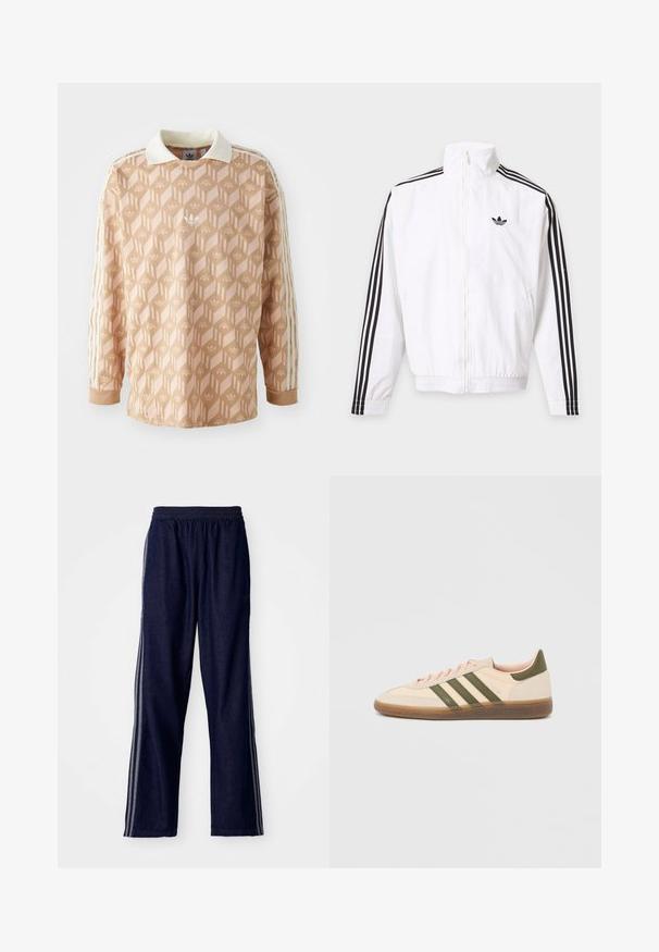 Biela bunda na zips s čiernymi pruhmi na rukávoch a čiernym logom Adidas na ľavej strane hrude.; Dlhý rukáv košele v svetlo broskyňovej farbe s geometrickým vzorom. Obsahuje biely golier a tri krémové pruhy na každom rukáve.; Námornícke modré športové nohavice s elastickým pásom, s tromi bielymi bočnými pruhmi a rovným strihom. Mäkká denimová textúra.; Nízky béžový tenisky Adidas Spezial so zelenými pruhmi, gumovou podrážkou a nápisom „SPEZIAL“ na boku, zobrazené z vonkajšej strany.