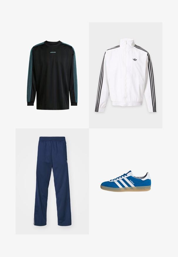 Witte jas met rits, met zwarte strepen op de mouwen en een zwart Adidas-logo op de linkerborst.; Zwarte lange mouwen shirt met geribbeld kraag, voorzien van drie turquoise strepen op elke mouw en een Adidas logo op de borst.; Navyblauwe sportbroek met een elastische tailleband, voorzien van witte zijkanten en een logo accent op de linker dij.; Blauw-witte Adidas Gazelle sneaker met een gumzool en drie witte strepen, gezien vanaf de zijkant op een witte achtergrond.