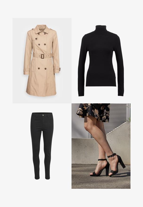 Soyaconcept SC-LORA 5 - Trench - camel; Pull à col roulé noir en tissu doux, doté de manches longues et d'une silhouette ajustée. Design uni sans motifs ni embellissements visibles.; Jeans skinny noirs avec une texture de tissu lisse, dotés d'une fermeture à bouton à l'avant, de cinq poches et d'un design ajusté.; Des sandales à talons hauts en suede noir présentent une bride de cheville avec une boucle, un design à bout ouvert et un talon épais. Texture lisse et style minimaliste.