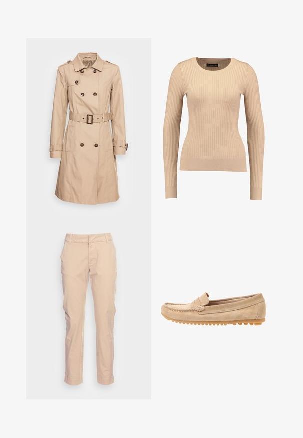 Soyaconcept SC-LORA 5 - Gabardina - camel; Suéter de manga larga de canalé en beige claro, hecho de una tela elástica. Cuenta con un escote redondo y una silueta ajustada con puños acanalados.; Pantalones de algodón en un tono beige claro con un diseño de pierna recta, bolsillos delanteros, pasadores para cinturón y una textura suave, que cuenta con detalles de costura sutiles.; Mocasines de ante beige con punta redondeada, con detalles de costura y suela de goma que presenta pequeños salientes para tracción. Vista lateral.