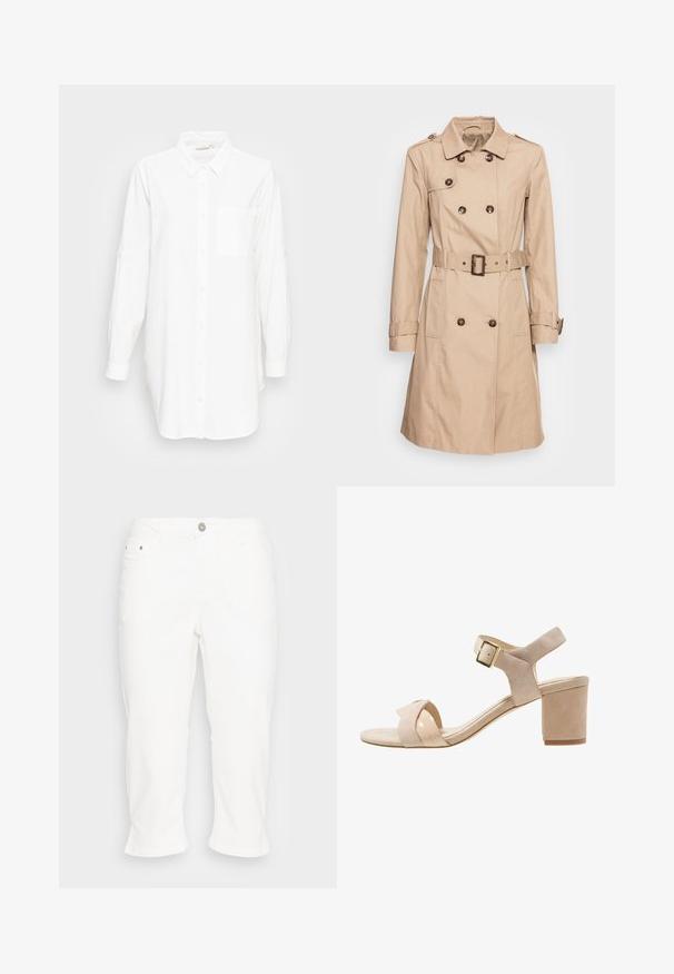 Soyaconcept SC-LORA 5 - Trench - camel; Chemise blanche à manches longues avec col et poche poitrine, présentée sur un fond gris clair uni.; Kaffe KAZELINA - Jean droit - chalk; Sandale à talon haut en suède beige avec un design à brides croisées, boucle de cheville réglable et un talon bloc de 7,5 cm. Texture lisse et accents polis.