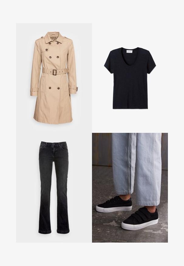 Soyaconcept SC-LORA 5 - Trench - camel; T-shirt à manches courtes bleu marine foncé à col rond, au design uni, présenté à plat sur un fond blanc.; Jeans flare en denim noir avec un design classique à cinq poches, dotés d'une fermeture à bouton et à fermeture éclair, et de détails de couture subtils.; Baskets en velours côtelé noir avec trois bandes Velcro et un dessus texturé. Semelle en caoutchouc blanc à profil bas. Portées avec un pantalon cropped bleu clair.