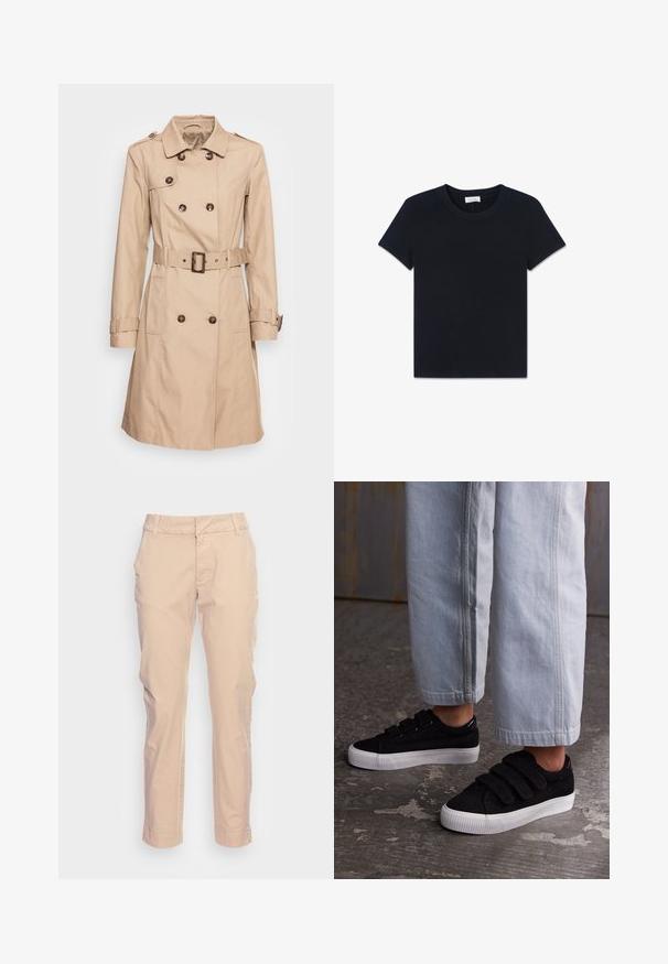 Soyaconcept SC-LORA 5 - Trench - camel; T-shirt noir uni à manches courtes et col rond, posé à plat sur un fond blanc.; Pantalons en coton beige clair avec une coupe droite, poches avant, passants de ceinture et une texture lisse, présentant des détails de couture subtils.; Baskets en velours côtelé noir avec trois bandes Velcro et un dessus texturé. Semelle en caoutchouc blanc à profil bas. Portées avec un pantalon cropped bleu clair.