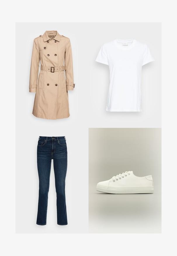 Soyaconcept SC-LORA 5 - Trench - camel; T-shirt blanc à manches courtes en coton doux. Il présente un col rond et une coupe légèrement ample avec des fentes sur les côtés pour un confort accru.; Jeans en denim bleu foncé avec un design ajusté, taille haute, jambes droites et détails en métal cuivré. Texture lisse avec un minimum de décoloration.; Baskets basses blanches avec lacets blancs et semelle en caoutchouc, vues de côté sur un fond neutre.